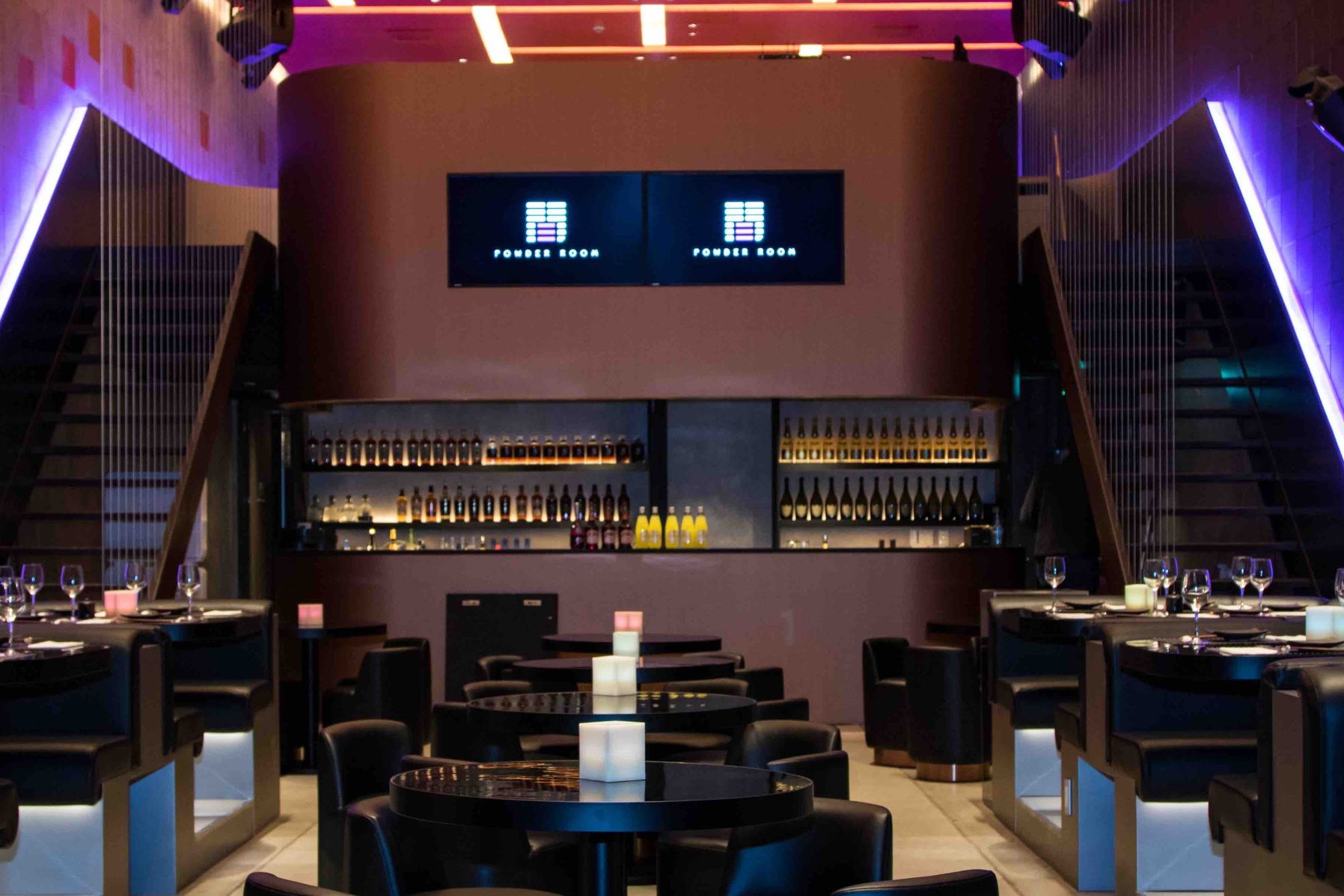 The lounge at Powder Room Niseko, set for the night